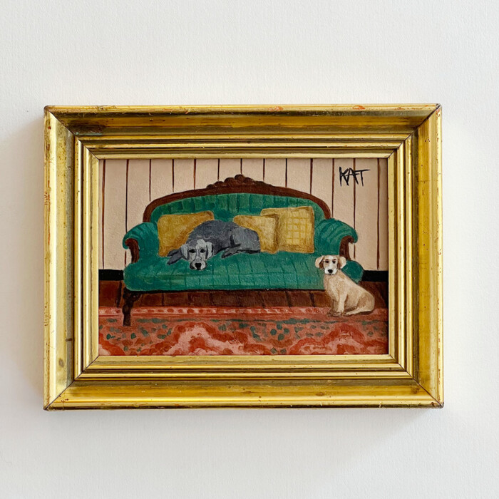 Peinture Les deux chiens au canapé vert